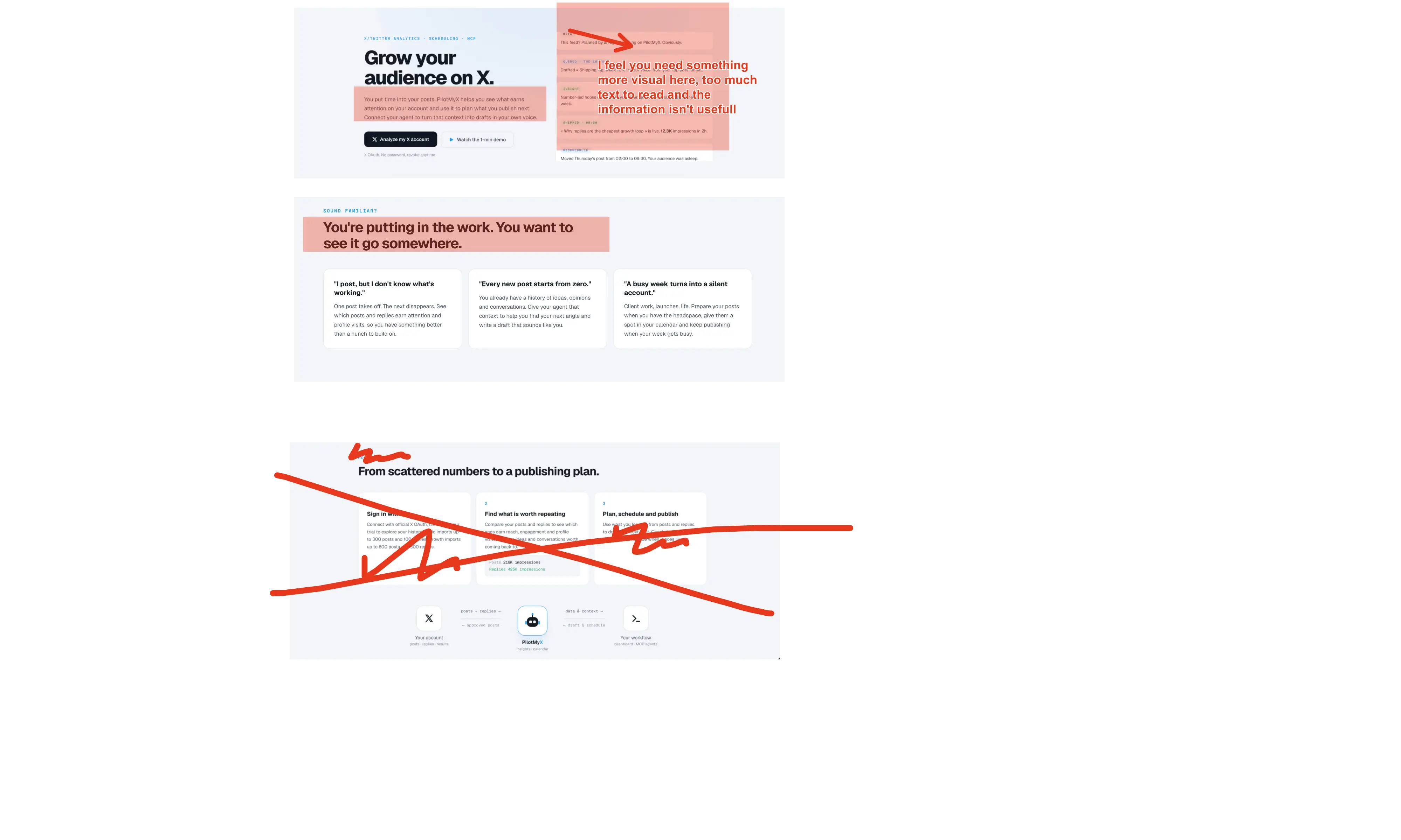 Annotated screenshot. Labels: I feel you need something more visual here, too much text to read and the information isn't usefull
